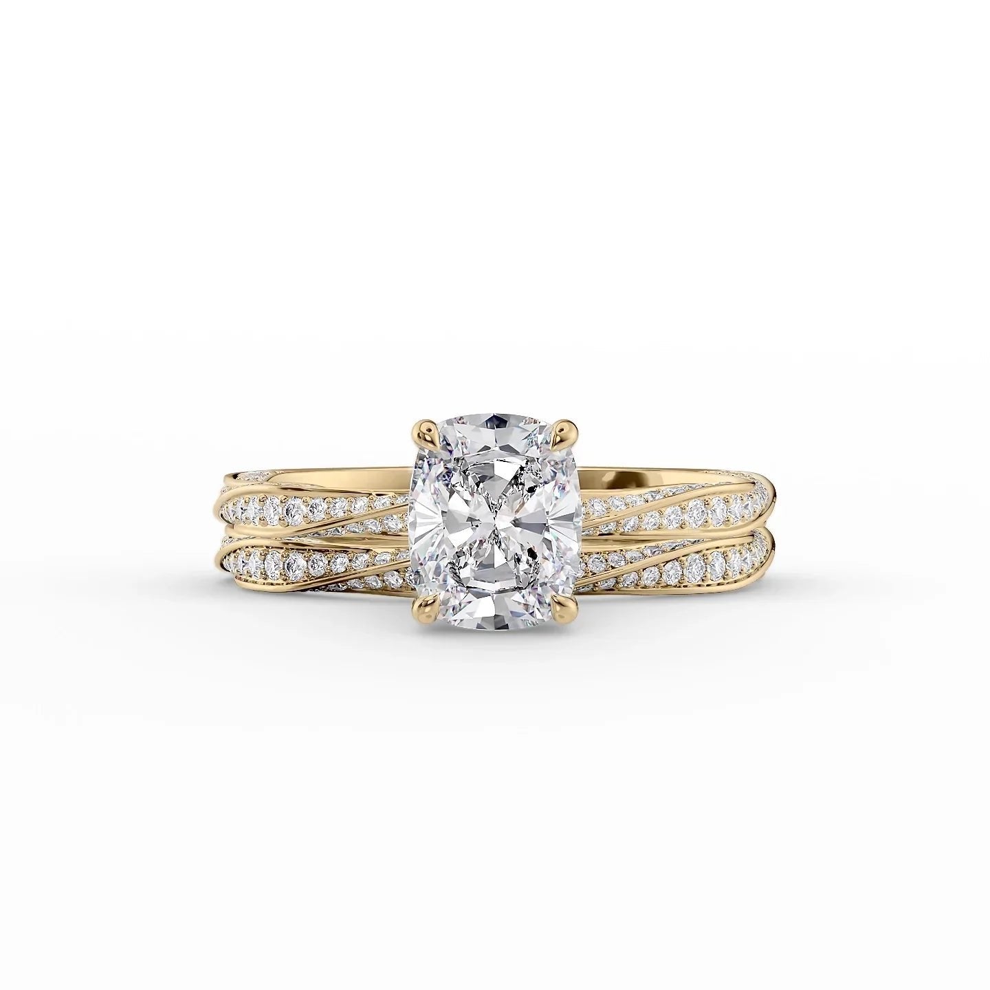 The Caroline Set  With A 2 Carat E. Cushion 18K Yellow Gold Moissanite