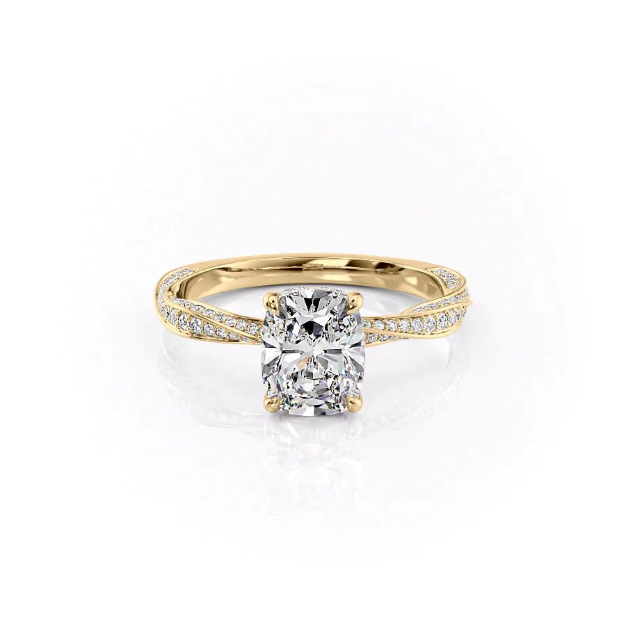 The Caroline Set  With A 4.5 Carat E. Cushion 18K Yellow Gold Moissanite