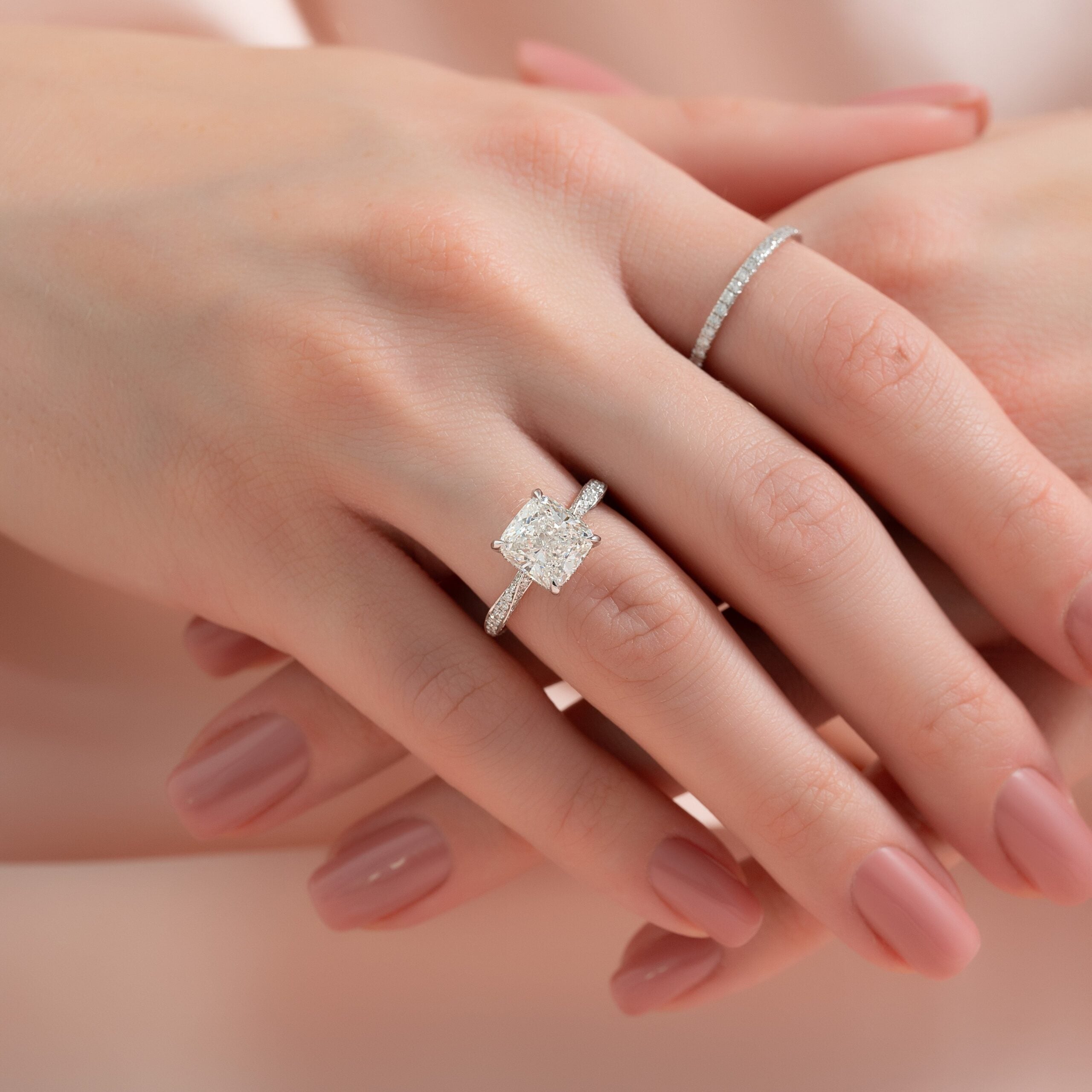 The Caroline Set  With A 1 Carat Cushion 14K White Gold Moissanite