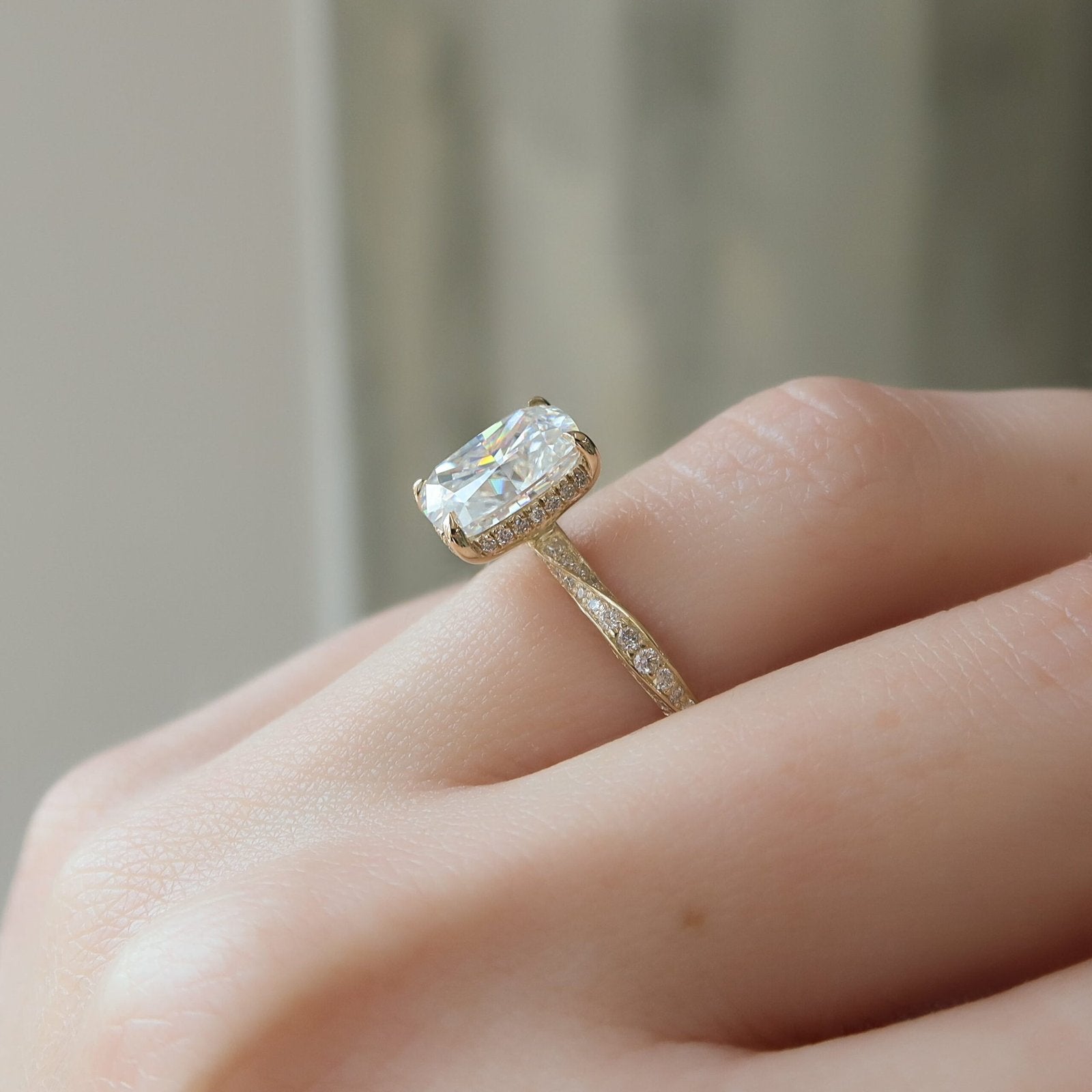 The Caroline Set  With A 2 Carat E. Cushion 14K Yellow Gold Moissanite