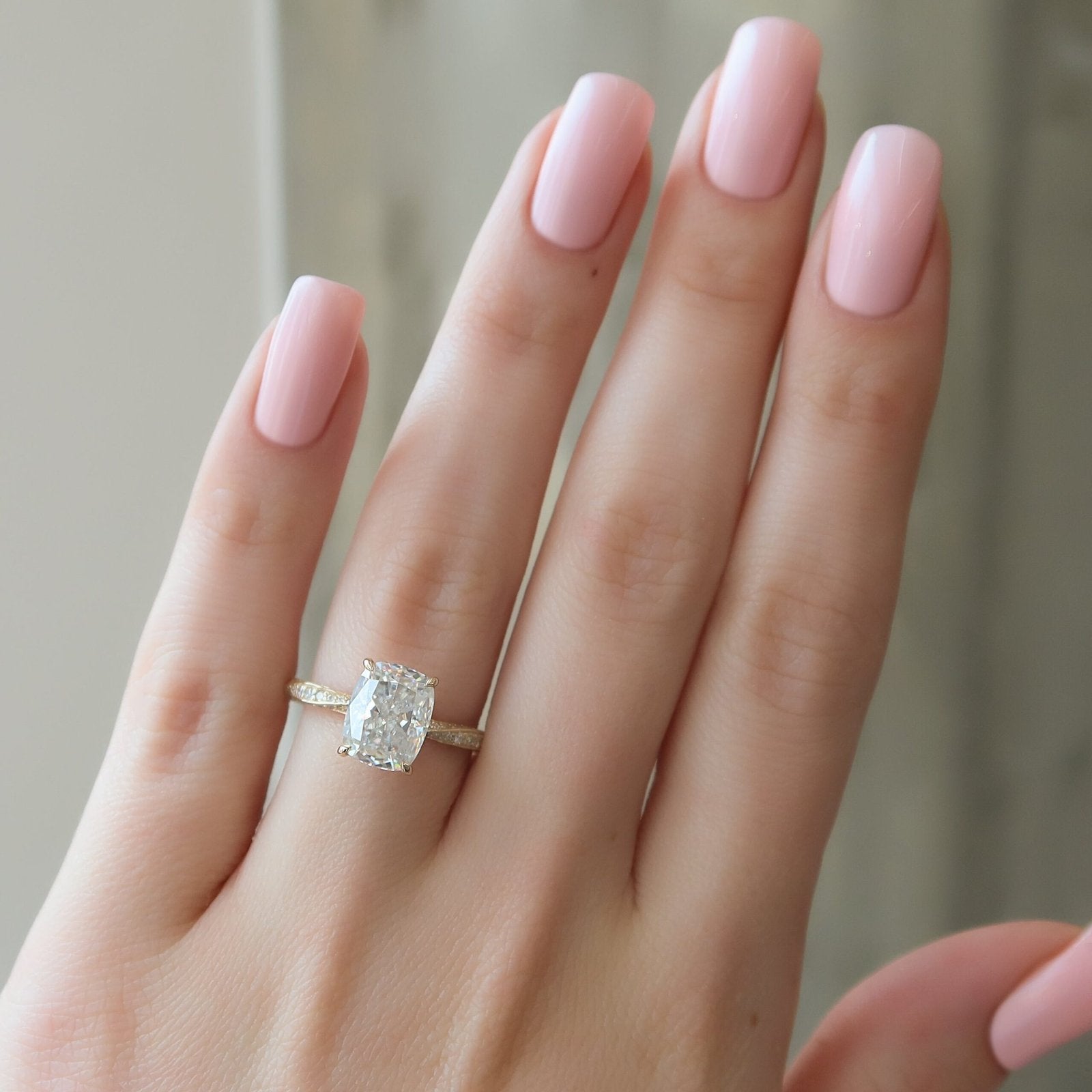 The Caroline Set  With A 2.5 Carat E. Cushion 14K Yellow Gold Moissanite