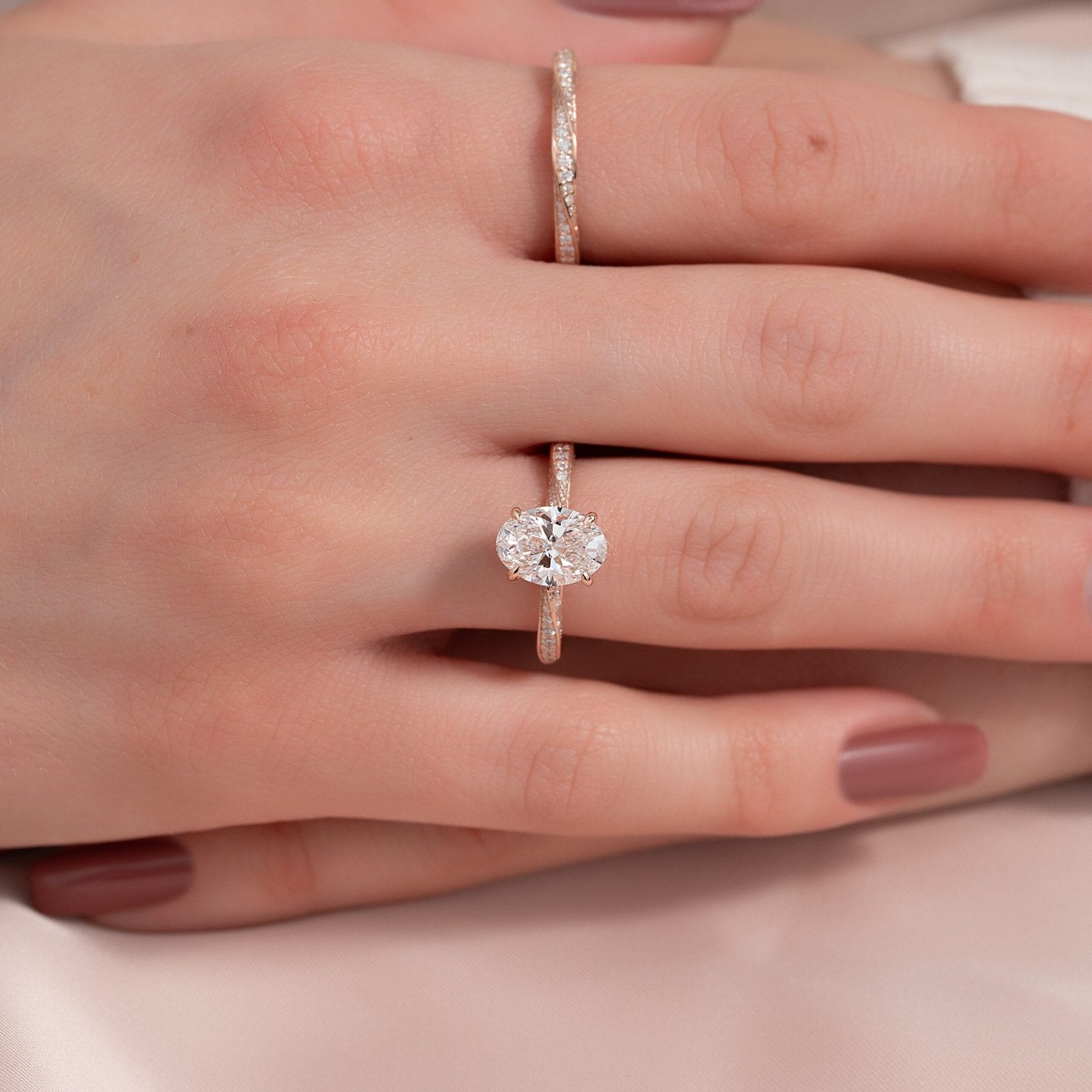 The Caroline Set  With A 2.5 Carat Oval 14K Rose Gold Moissanite