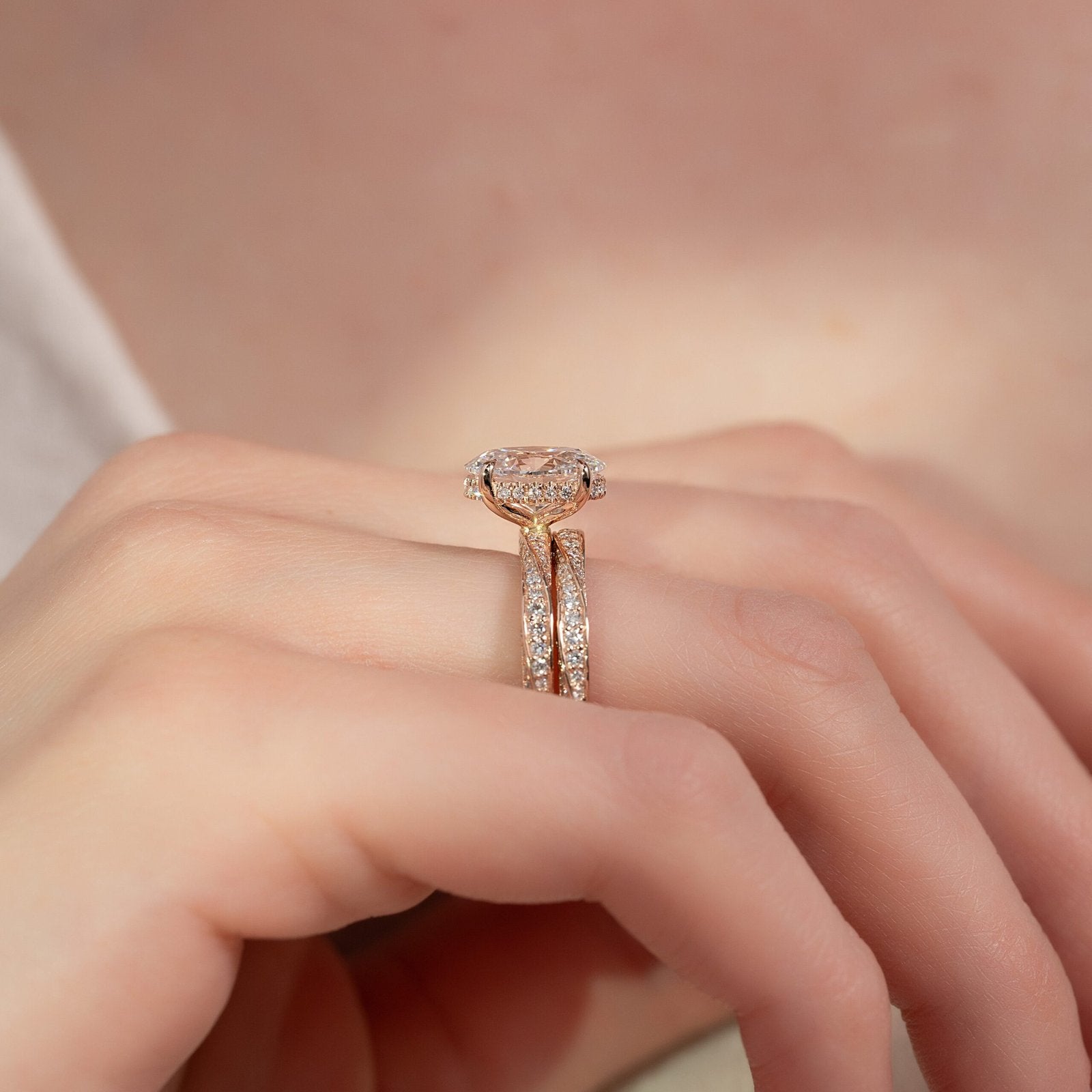 The Caroline Set  With A 3.5 Carat Oval 14K Rose Gold Moissanite