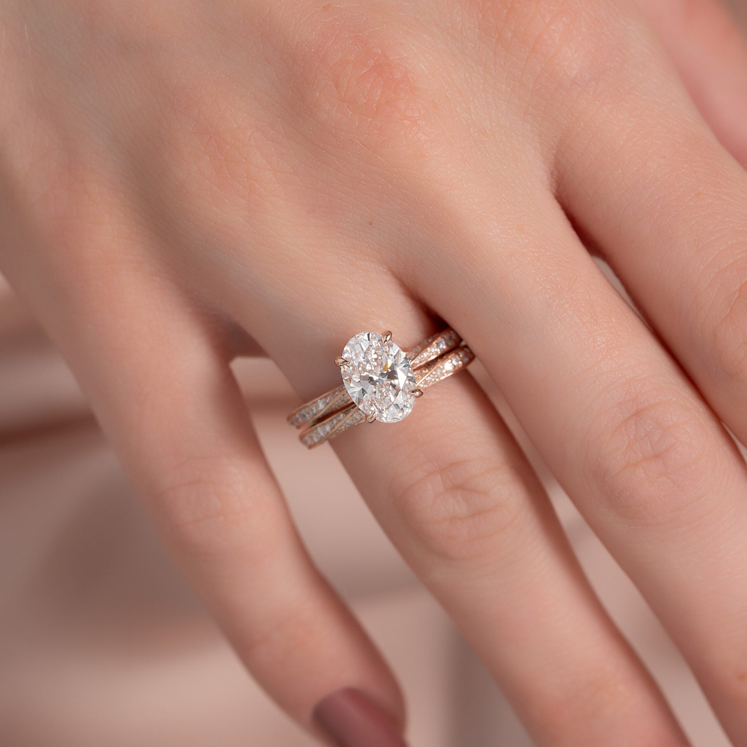 The Caroline Set  With A 1 Carat Oval 14K Rose Gold Moissanite