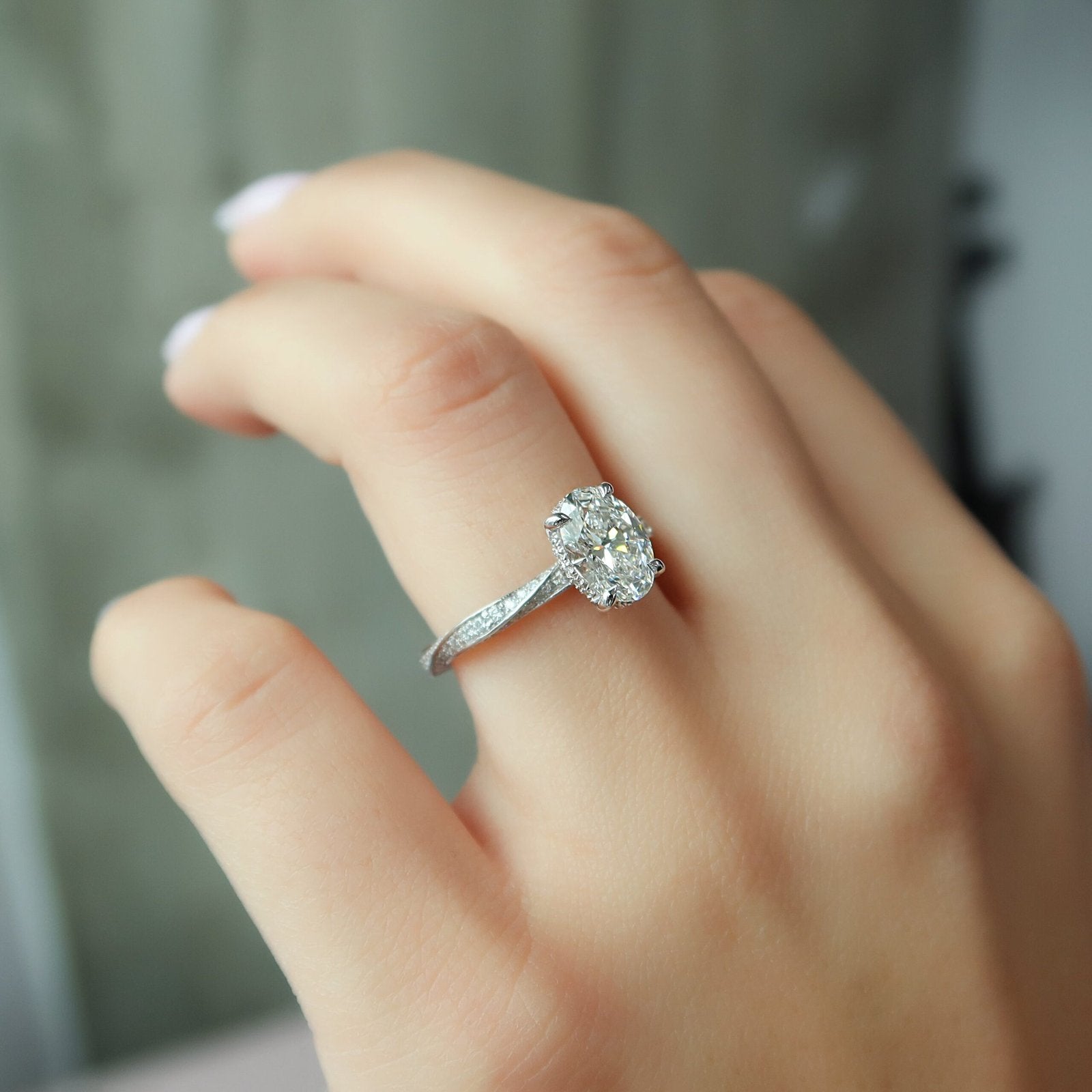 The Caroline Set  With A 3 Carat Oval 14K White Gold Moissanite