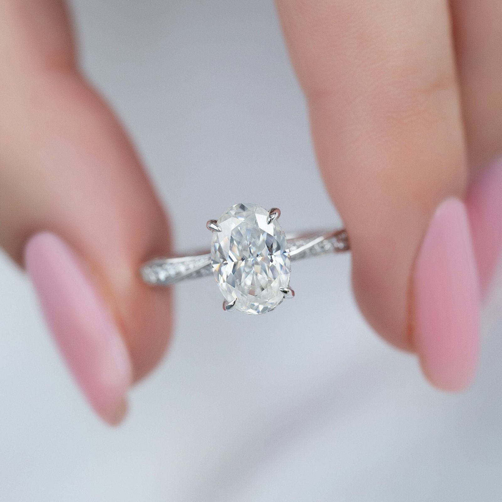 The Caroline Set  With A 3 Carat Oval 18K White Gold Moissanite