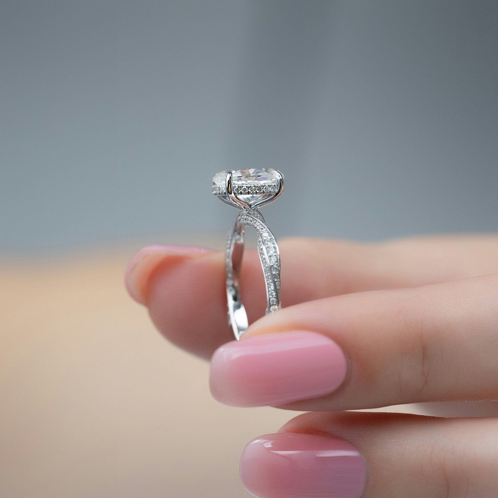 The Caroline Set  With A 3 Carat Oval 18K White Gold Moissanite