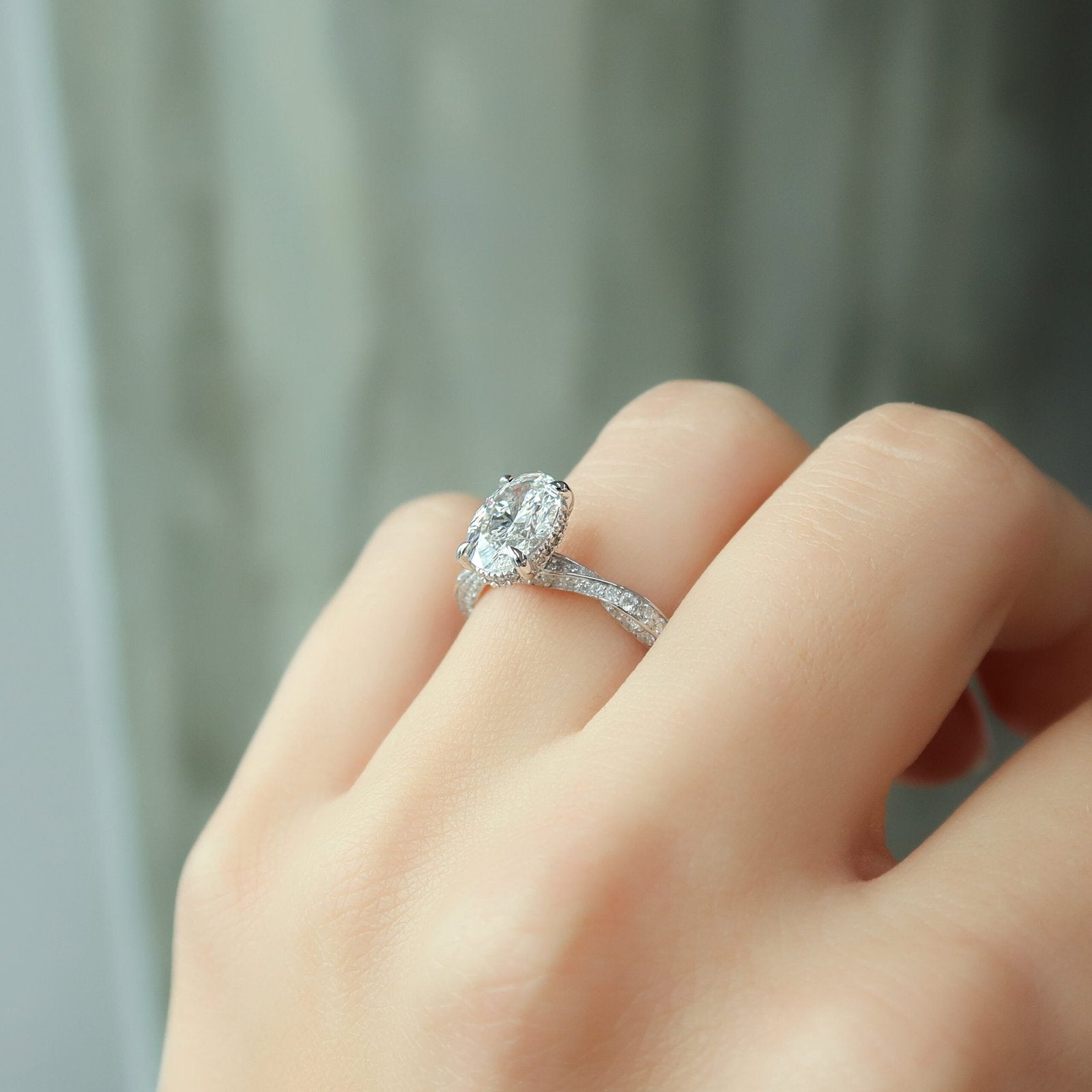 The Caroline Set  With A 2.5 Carat Oval 14K White Gold Moissanite