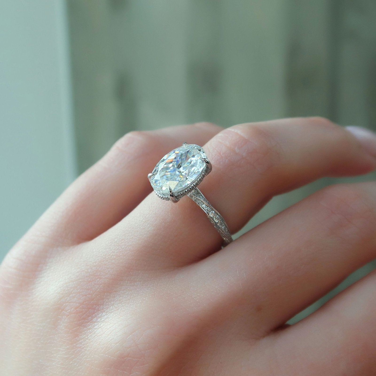 The Caroline Set  With A 5 Carat Oval 14K White Gold Moissanite
