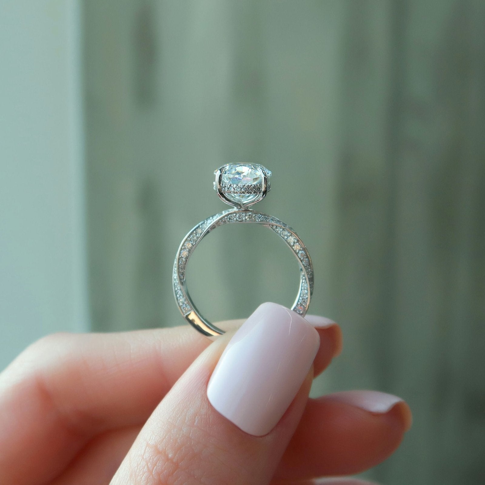 The Caroline Set  With A 5 Carat Oval 14K White Gold Moissanite