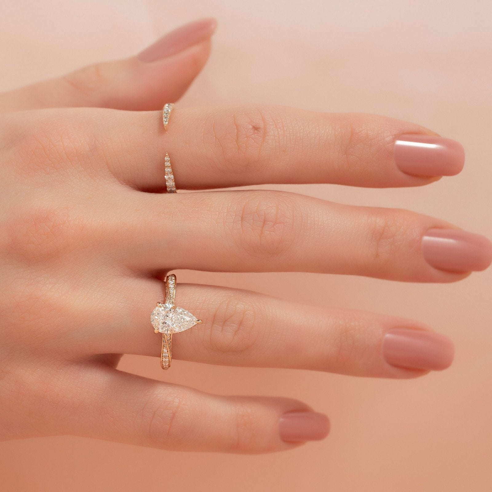 The Caroline Set  With A 2 Carat Pear 14K Rose Gold Moissanite