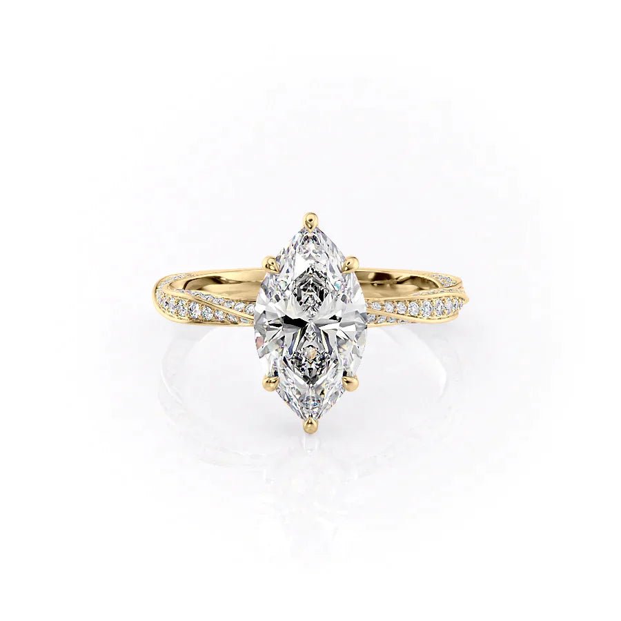 The Caroline Set  With A 4.5 Carat Marquise 18K Yellow Gold Moissanite