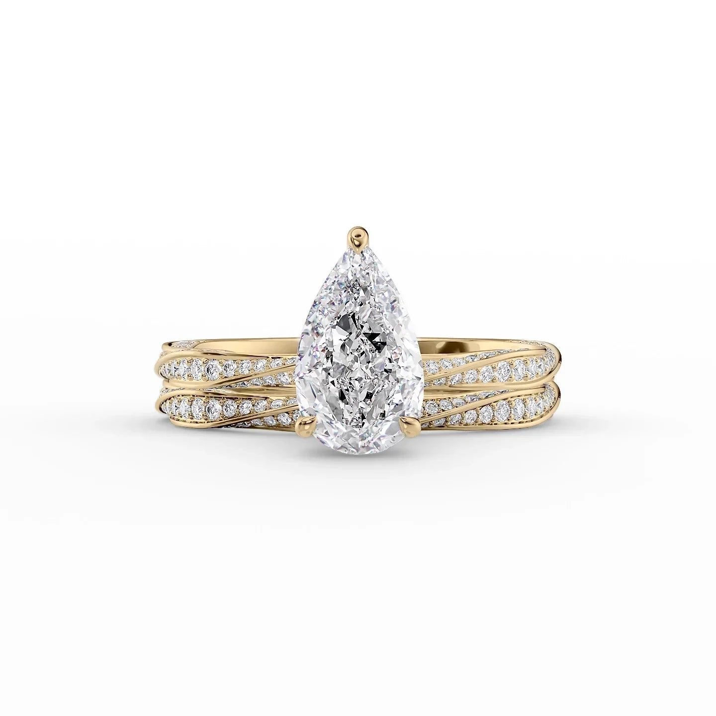 The Caroline Set  With A 4 Carat Pear 14K Yellow Gold Moissanite