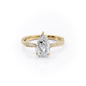 The Caroline Set  With A 5 Carat Pear 14K Yellow Gold Moissanite