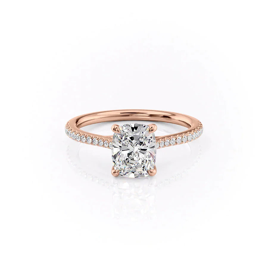 The Pave Lexie Set With A 1 Carat E. Cushion 14K Rose Gold Lab Diamond