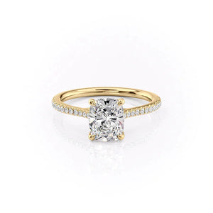 The Pave Lexie Set With A 3 Carat E. Cushion 18K Yellow Gold Lab Diamond