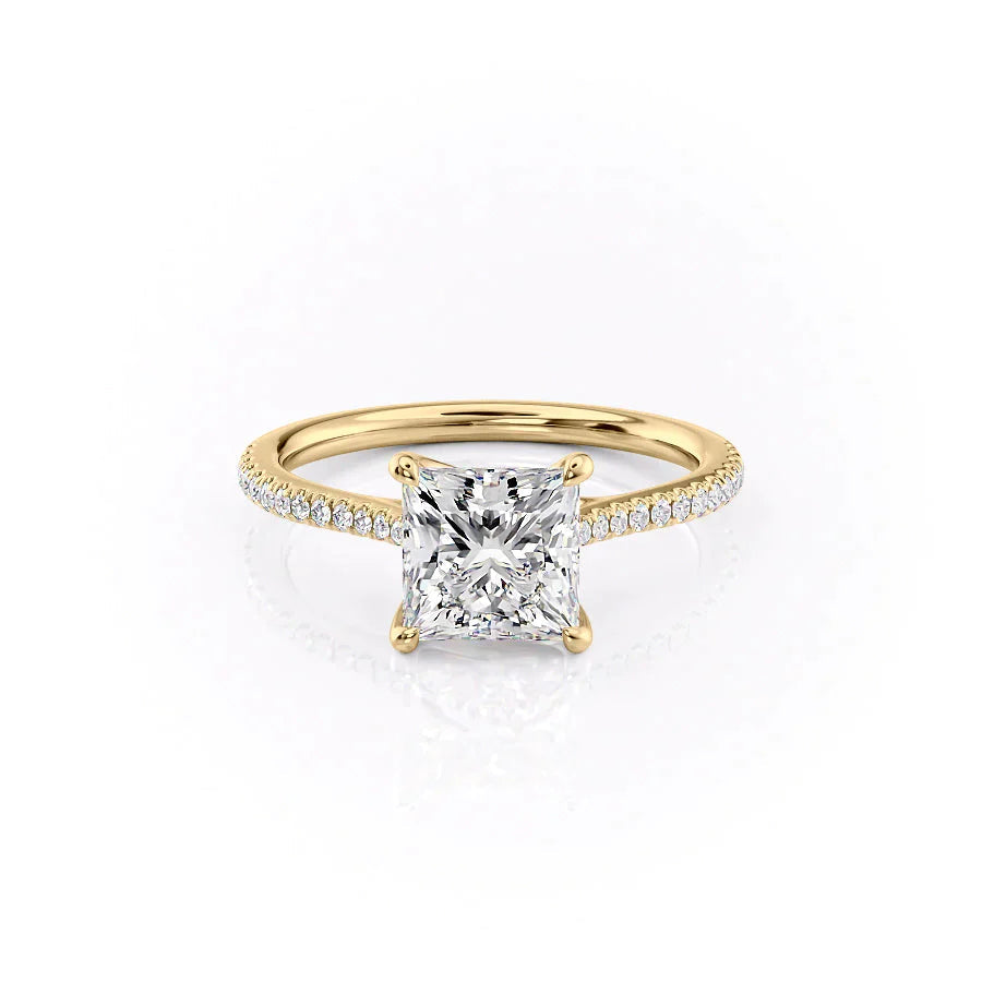The Pave Lexie Set  With A 4 Carat Princess 14K Yellow Gold Moissanite