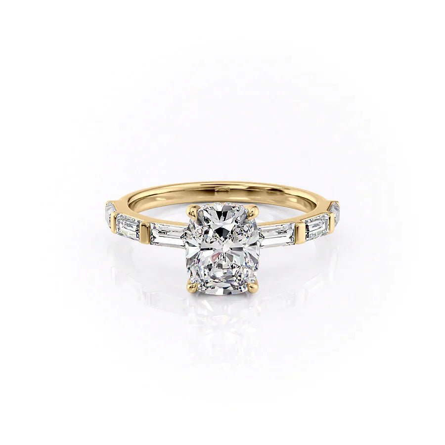 The Hailey Set  With A 3.5 Carat E. Cushion 14K Yellow Gold Moissanite
