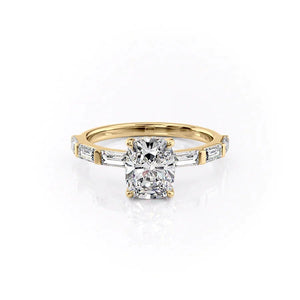 The Hailey Set  With A 3.5 Carat E. Cushion 14K Yellow Gold Moissanite