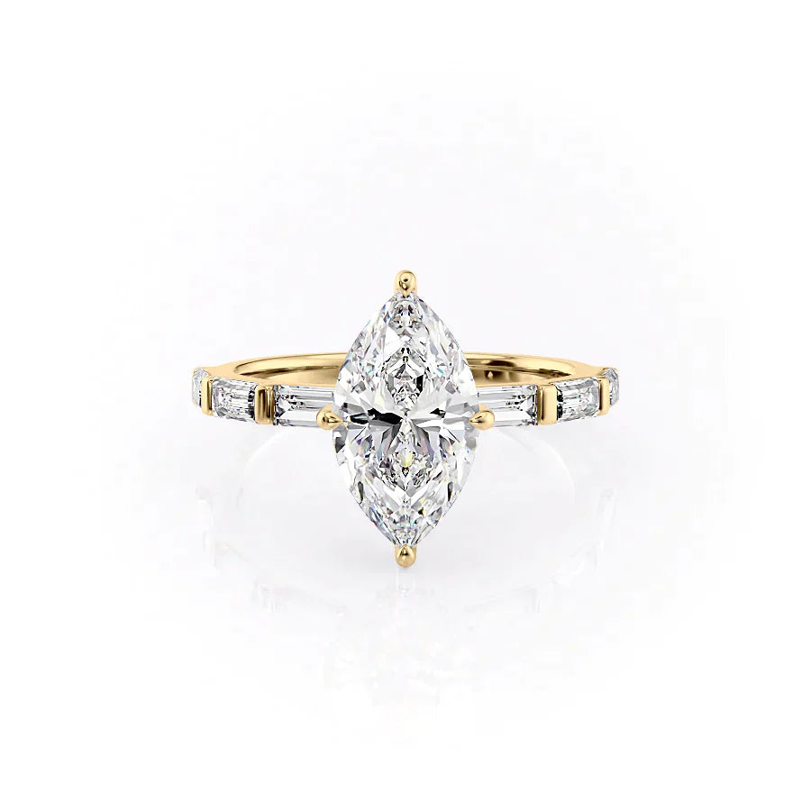The Hailey Set With A 3 Carat Marquise 14K Yellow Gold Lab Diamond