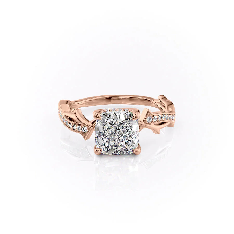 The Pave Twig Set  With A 3 Carat Cushion 14K Rose Gold Moissanite