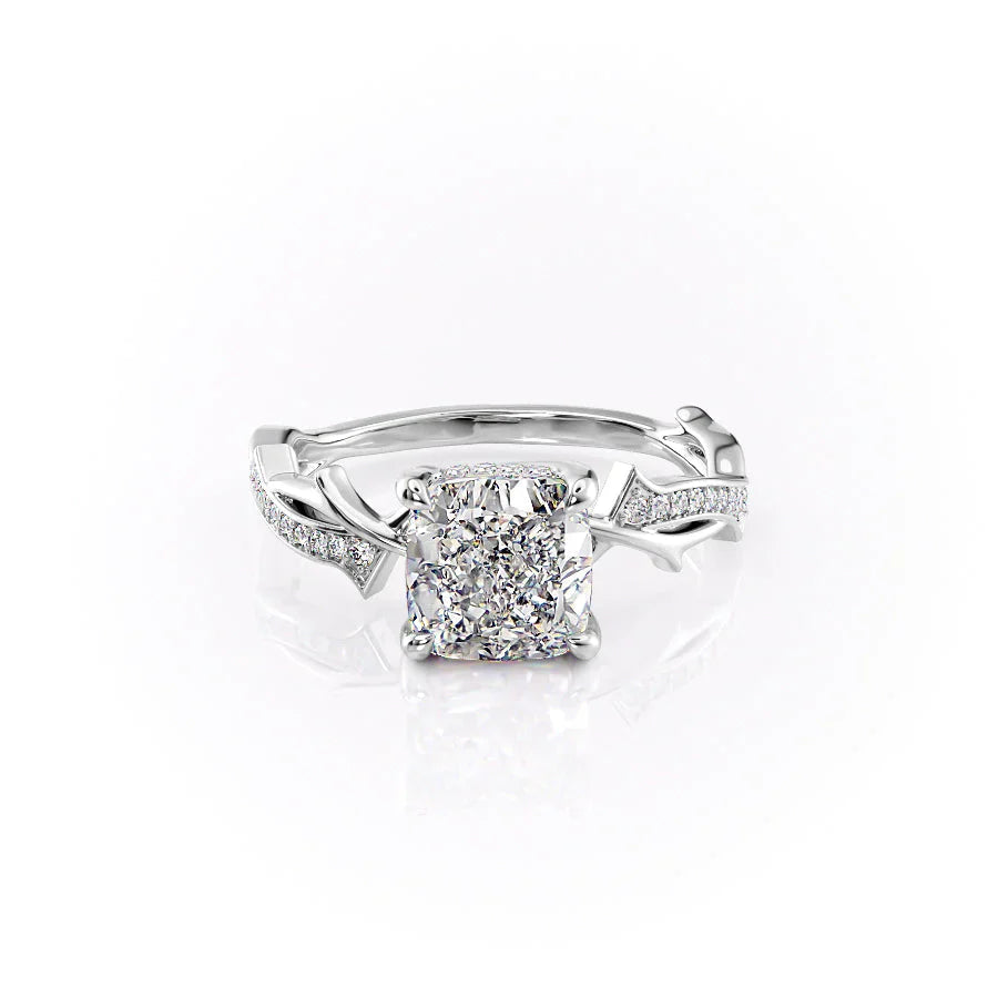 The Pave Twig Set With A 1 Carat Cushion 18K White Gold Lab Diamond