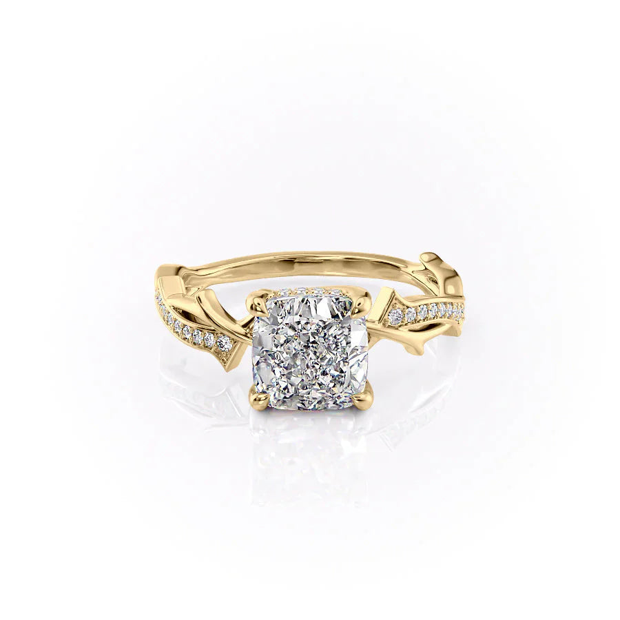 The Pave Twig Set  With A 4.5 Carat Cushion 14K Yellow Gold Moissanite