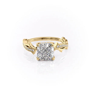 The Pave Twig Set  With A 4.5 Carat Cushion 14K Yellow Gold Moissanite