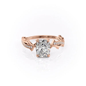 The Pave Twig Set  With A 2 Carat E. Cushion 14K Rose Gold Moissanite