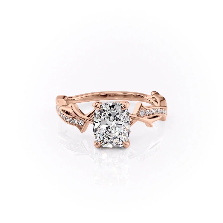 The Pave Twig Set  With A 4 Carat E. Cushion 14K Rose Gold Moissanite