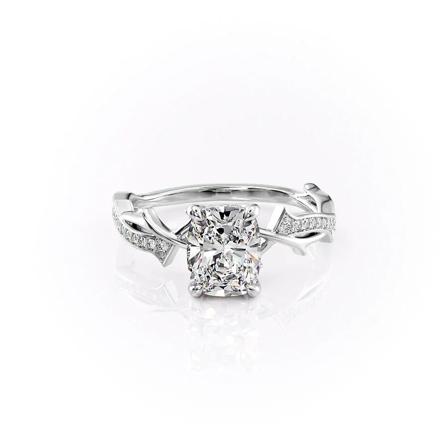 The Pave Twig Set  With A 1 Carat E. Cushion 14K White Gold Moissanite