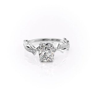 The Pave Twig Set  With A 1 Carat E. Cushion 14K White Gold Moissanite