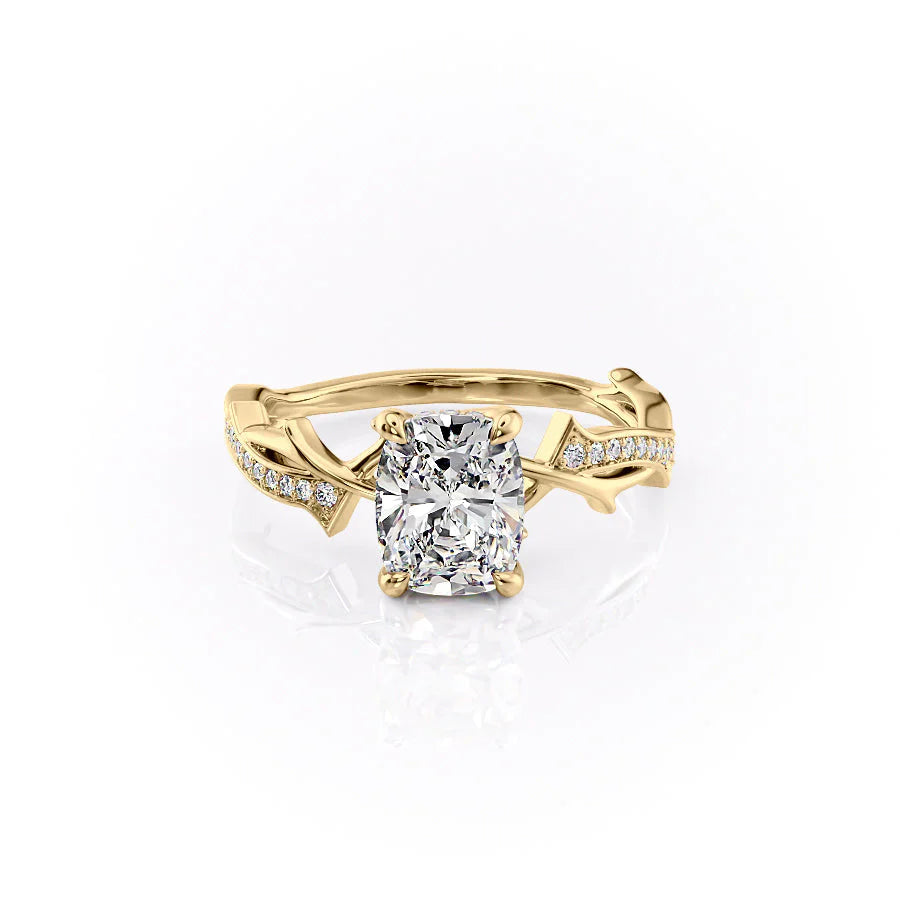The Pave Twig Set  With A 4 Carat E. Cushion 18K Yellow Gold Moissanite