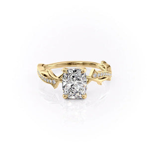 The Pave Twig Set With A 1 Carat E. Cushion 18K Yellow Gold Lab Diamond
