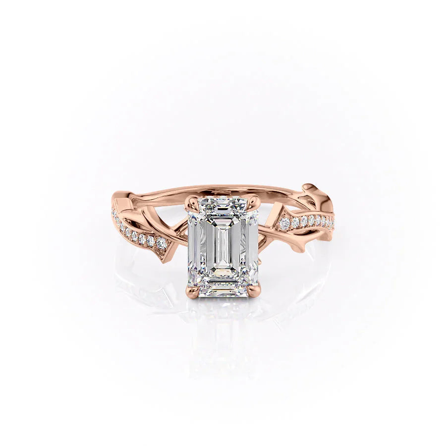 The Pave Twig Set  With A 1.5 Carat Emerald 14K Rose Gold Moissanite