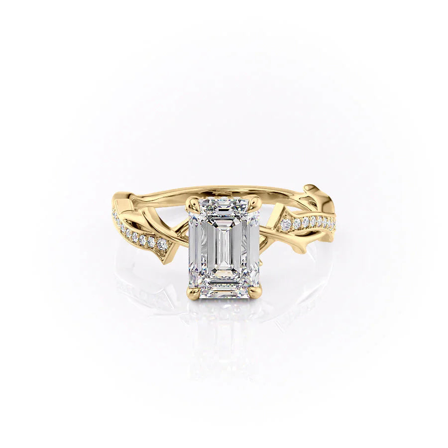 The Pave Twig Set  With A 3 Carat Emerald 18K Yellow Gold Moissanite