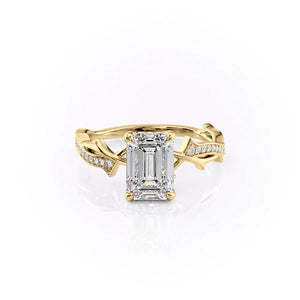 The Pave Twig Set  With A 4 Carat Emerald 14K Yellow Gold Moissanite