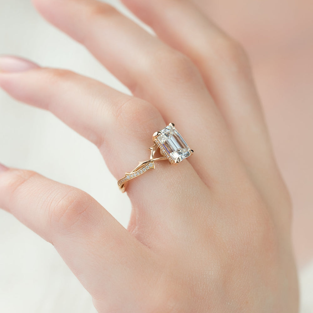 The Pave Twig Set  With A 3 Carat Emerald 14K Rose Gold Moissanite