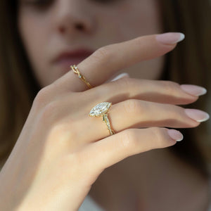The Pave Twig Set  With A 3.5 Carat Marquise 14K Yellow Gold Moissanite