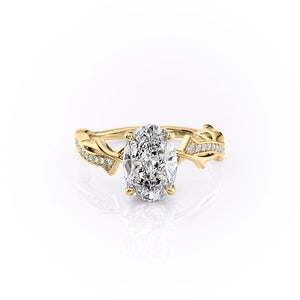 The Pave Twig Set  With A 2.5 Carat Oval 18K Yellow Gold Moissanite