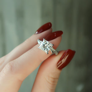 The Pave Twig Set  With A 3.5 Carat Princess 18K White Gold Moissanite