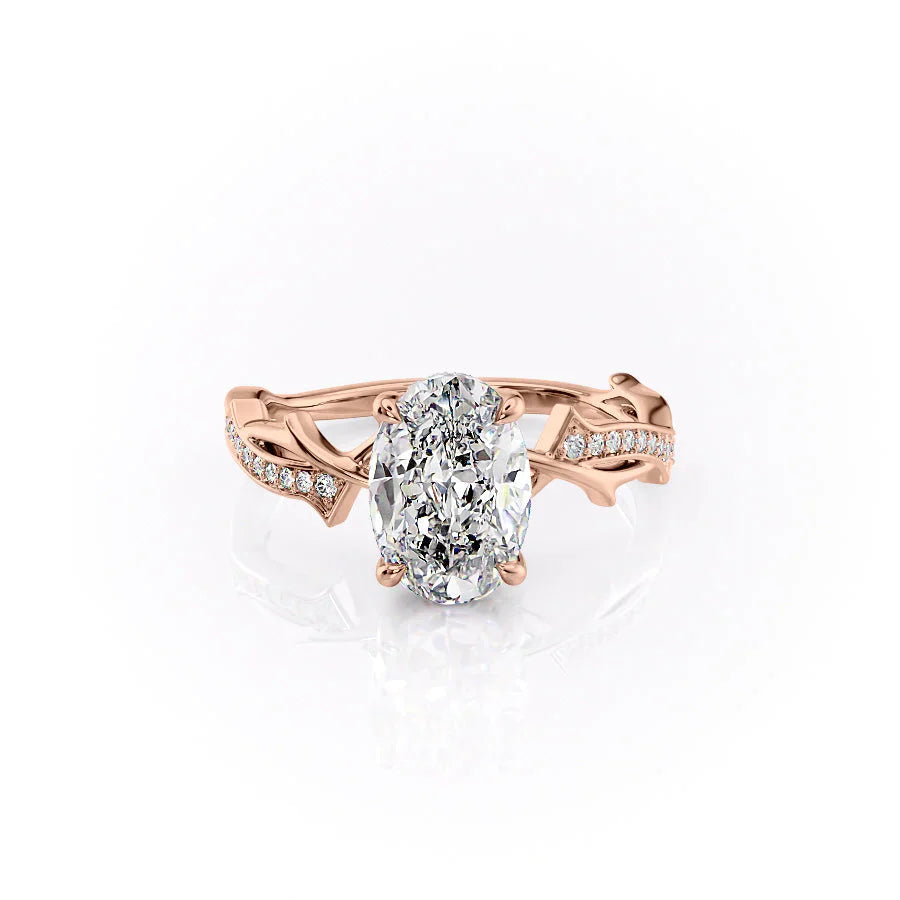 The Pave Twig Set  With A 2.5 Carat Oval 14K Rose Gold Moissanite