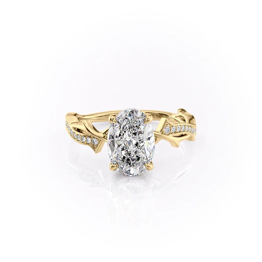 The Pave Twig Set  With A 4 Carat Oval 18K Yellow Gold Moissanite
