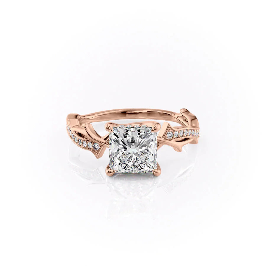 The Pave Twig Set  With A 2 Carat Princess 14K Rose Gold Moissanite
