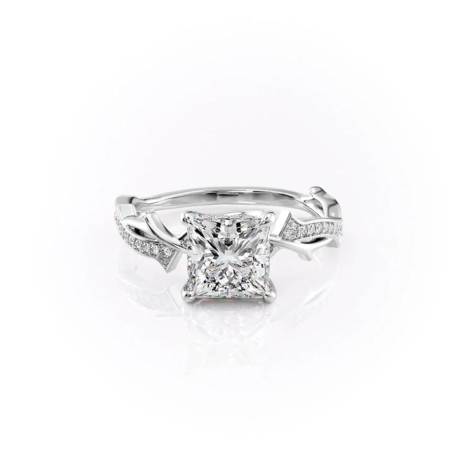 The Pave Twig Set  With A 3 Carat Princess 18K White Gold Moissanite