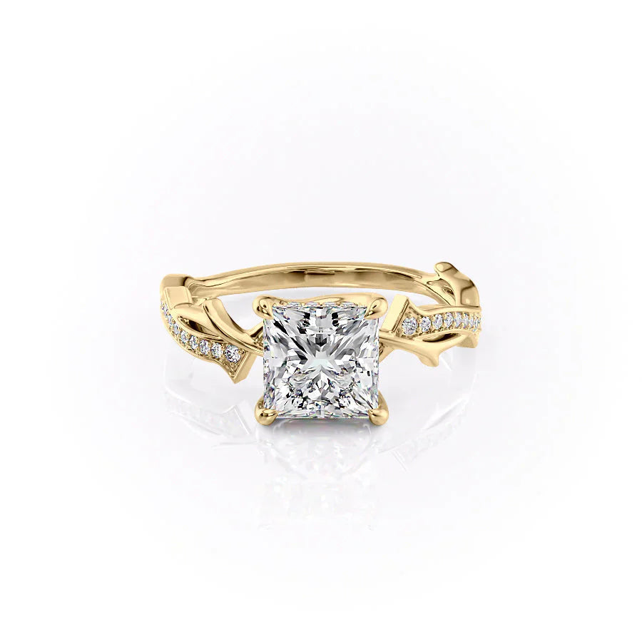 The Pave Twig Set  With A 2.5 Carat Princess 14K Yellow Gold Moissanite