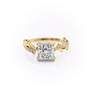 The Pave Twig Set  With A 2.5 Carat Princess 18K Yellow Gold Moissanite