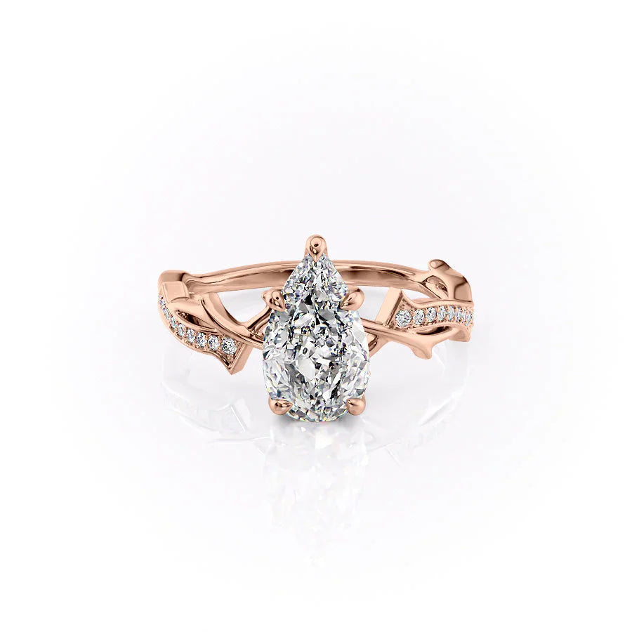 The Pave Twig Set  With A 4 Carat Pear 18K Rose Gold Moissanite