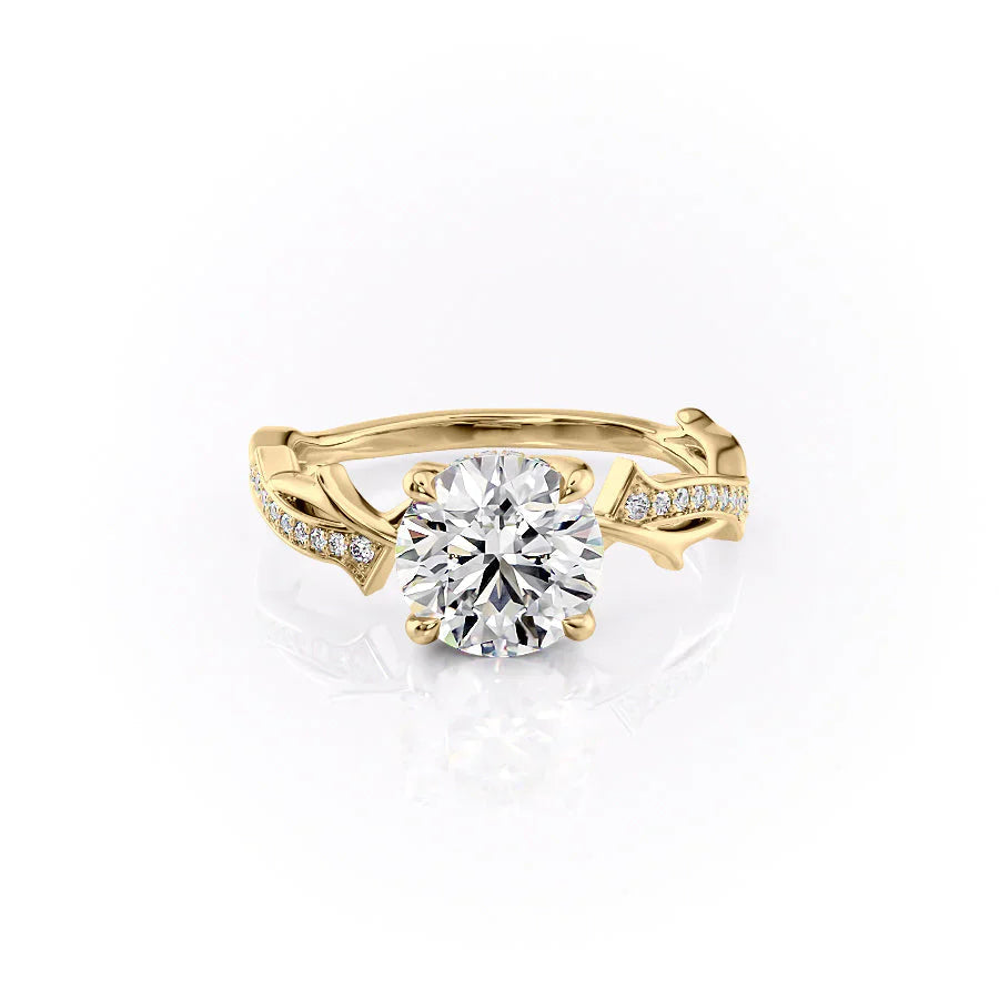 The Pave Twig Set  With A 2.5 Carat Round 18K Yellow Gold Moissanite