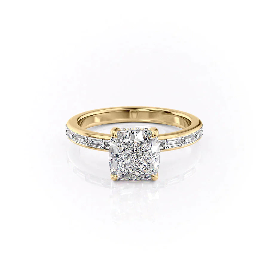 The Jennifer Set  With A 5 Carat Cushion 18K Yellow Gold Moissanite